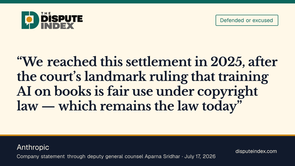 Quote card: Anthropic, Anthropic says training fair-use ruling remains the law