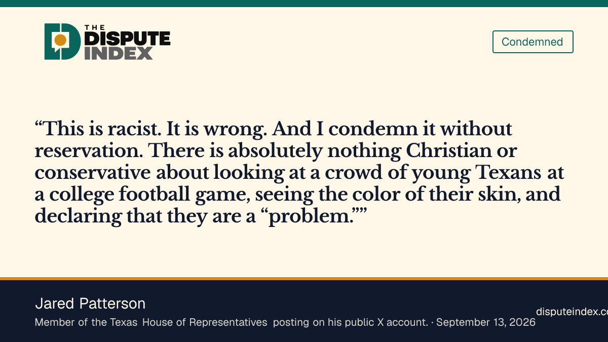 Quote card: Jared Patterson, Patterson condemns French’s post without reservation