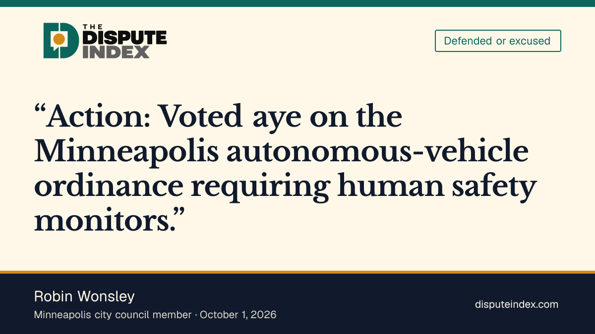 Quote card: Robin Wonsley, Wonsley votes for human monitors in Minneapolis robotaxis