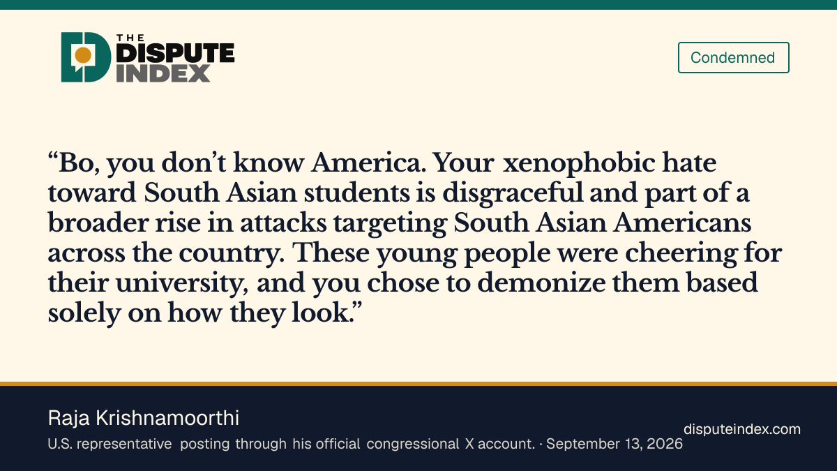 Quote card: Raja Krishnamoorthi, Krishnamoorthi condemns the post as xenophobic