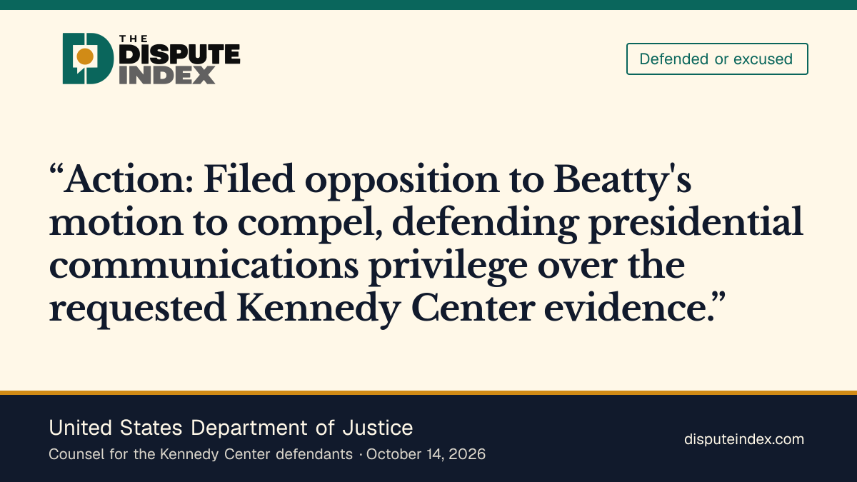 Quote card: United States Department of Justice, DOJ defends privilege over Kennedy Center discovery