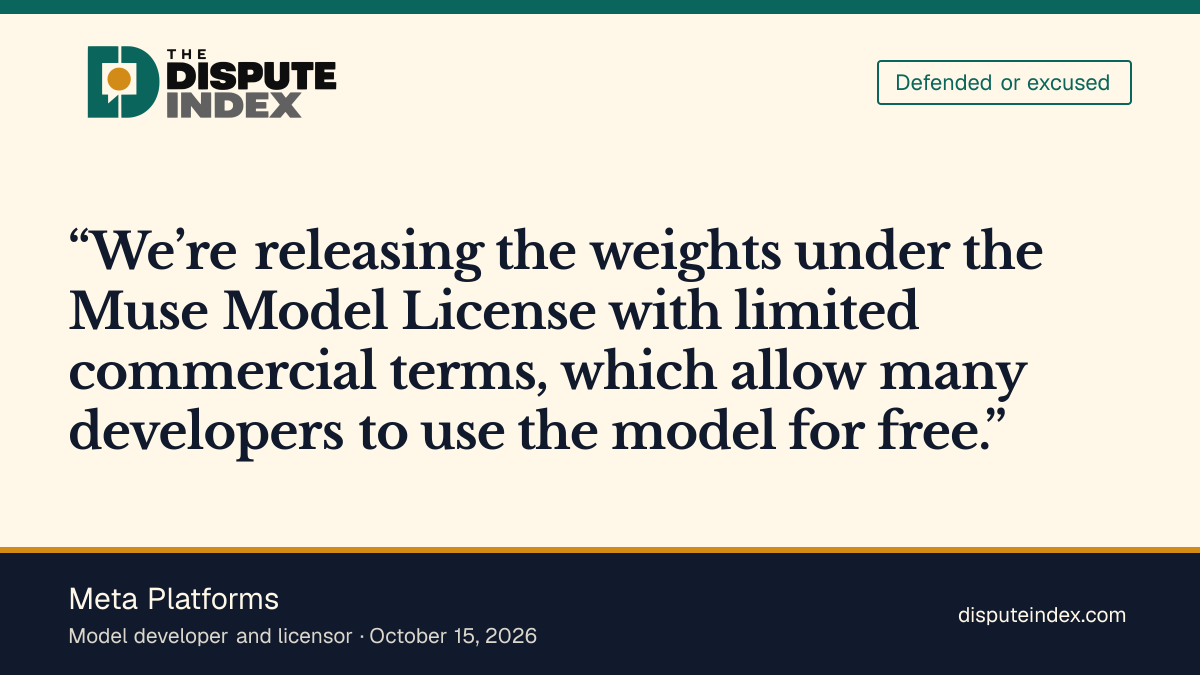 Quote card: Meta Platforms, Meta says its license enables free use for many developers