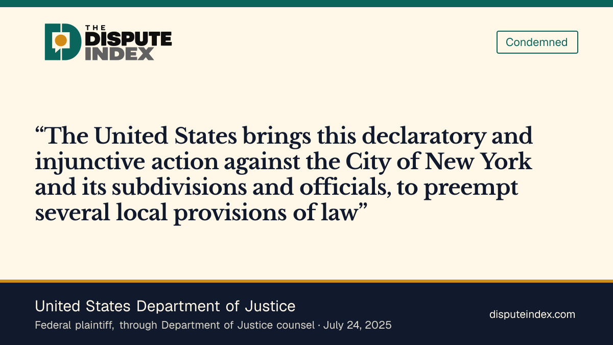 Quote card: United States Department of Justice, DOJ asks a court to invalidate NYC sanctuary provisions