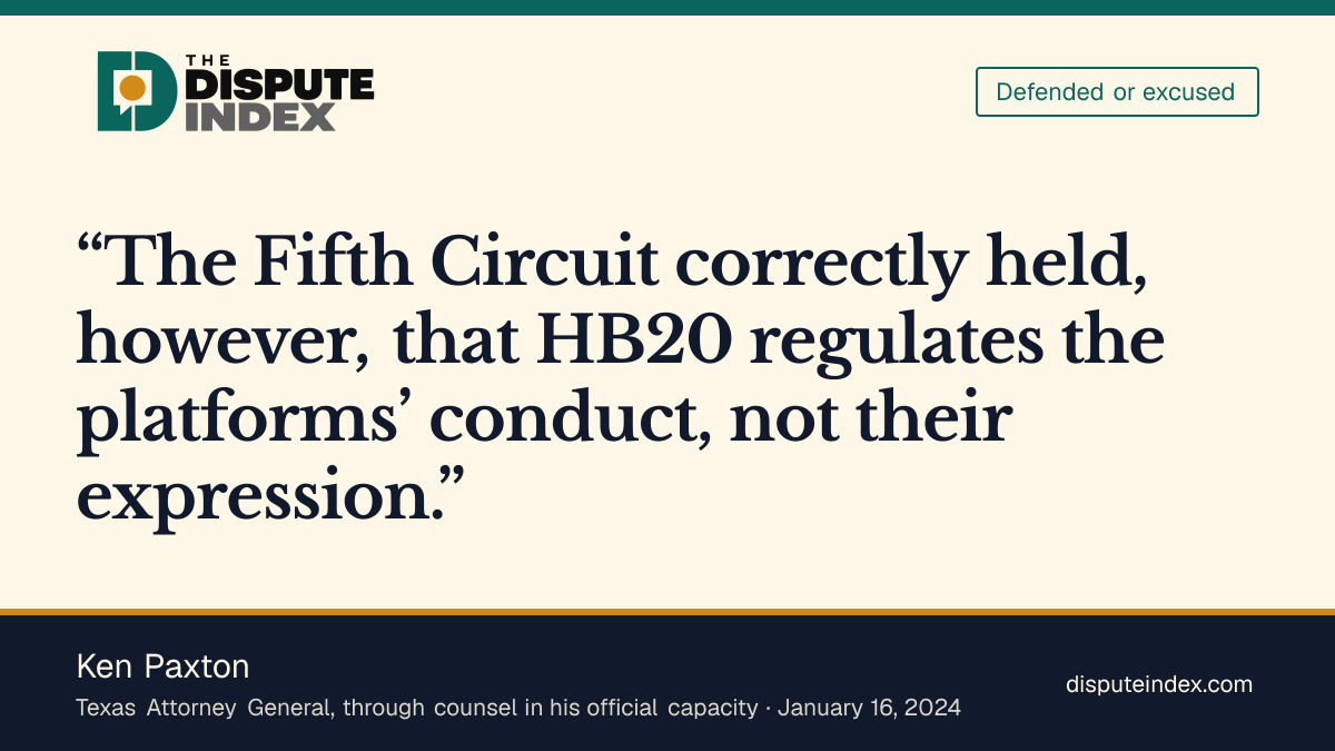 Quote card: Ken Paxton, Texas defends HB20 as an antidiscrimination law
