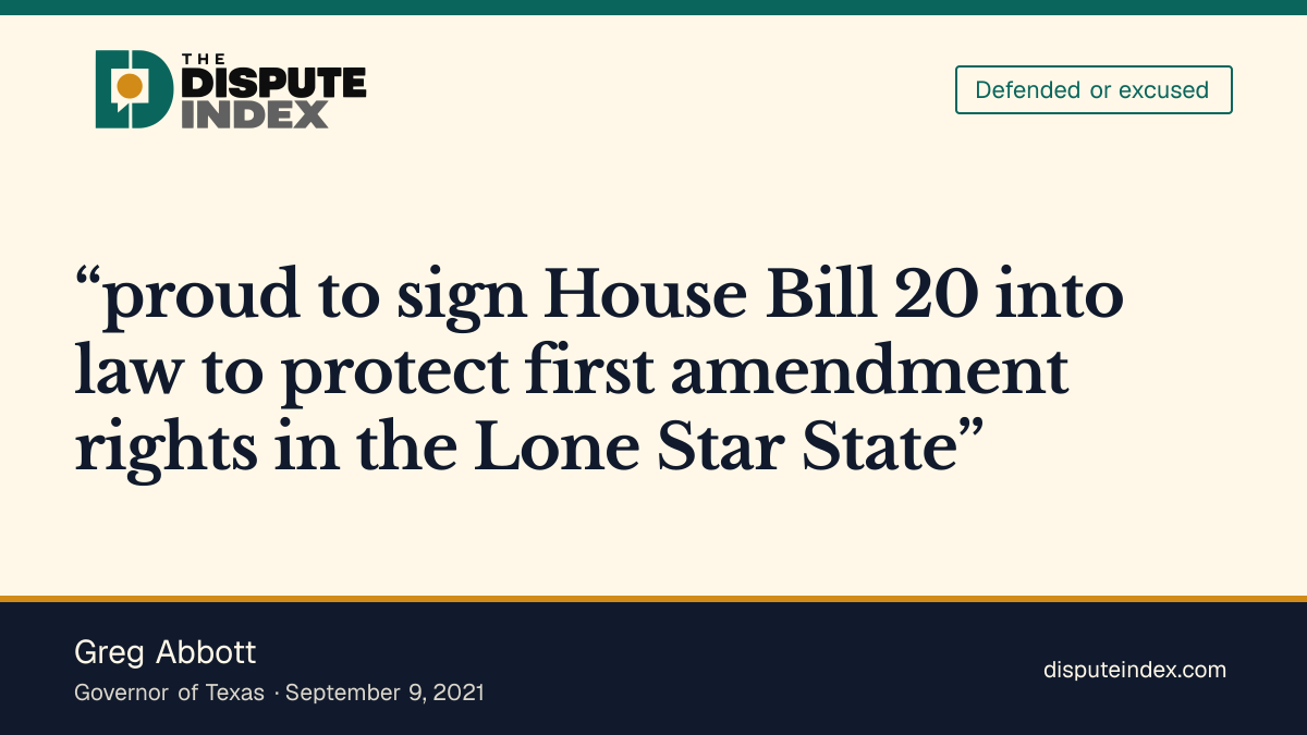 Quote card: Greg Abbott, Abbott signs HB20 and defends viewpoint protections