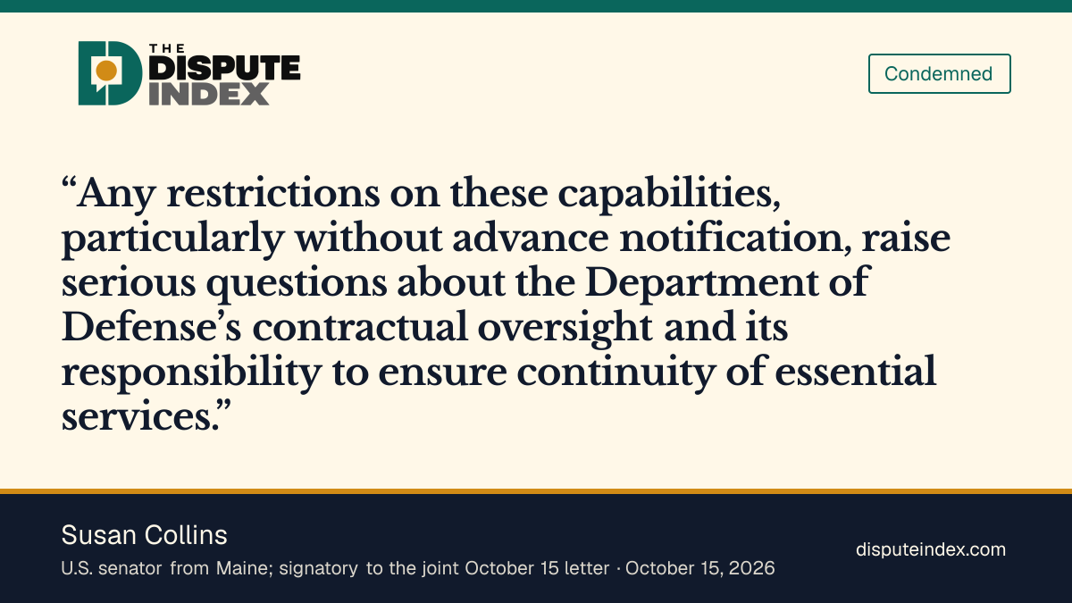 Quote card: Susan Collins, Susan Collins requests review of DoD oversight of Ukraine's Starlink restrictions