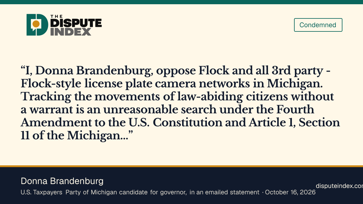 Quote card: Donna Brandenburg, Brandenburg opposes Flock-style camera networks in Michigan