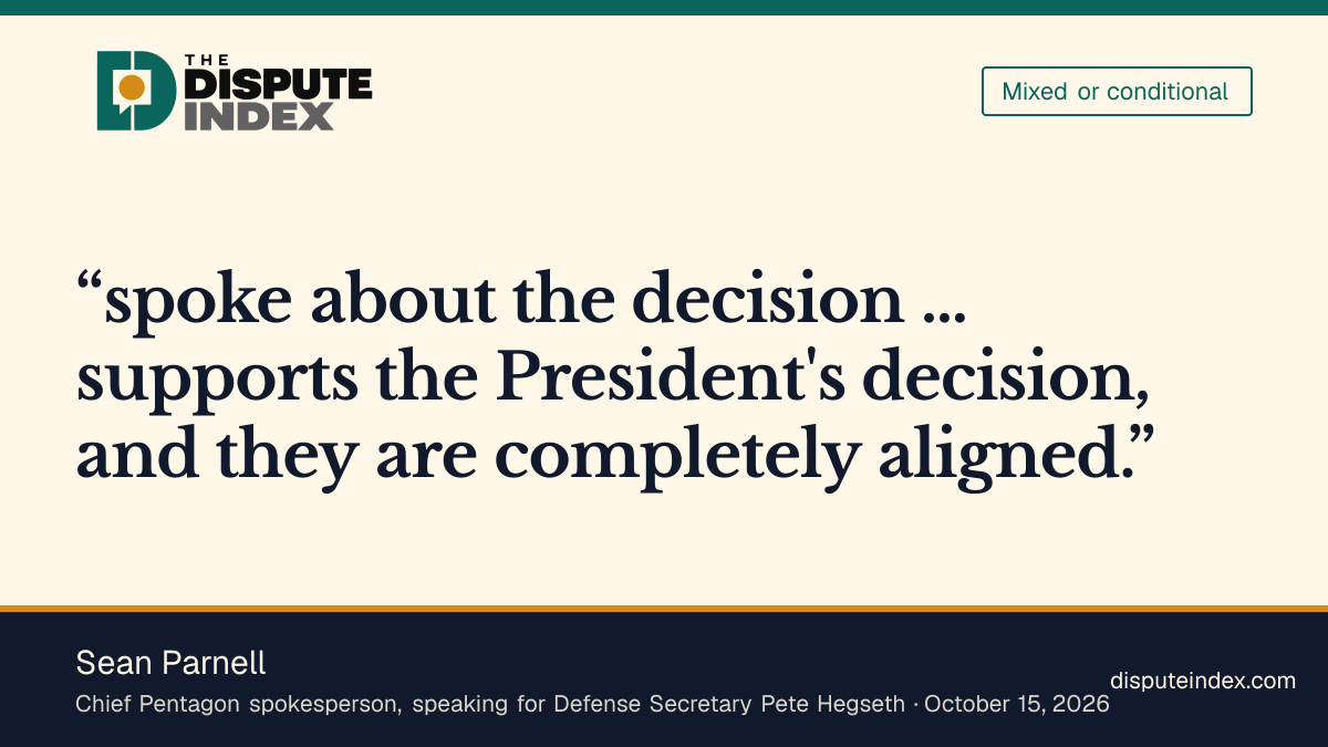 Quote card: Sean Parnell, Pentagon says Hegseth is completely aligned with Trump's decision not to livestream