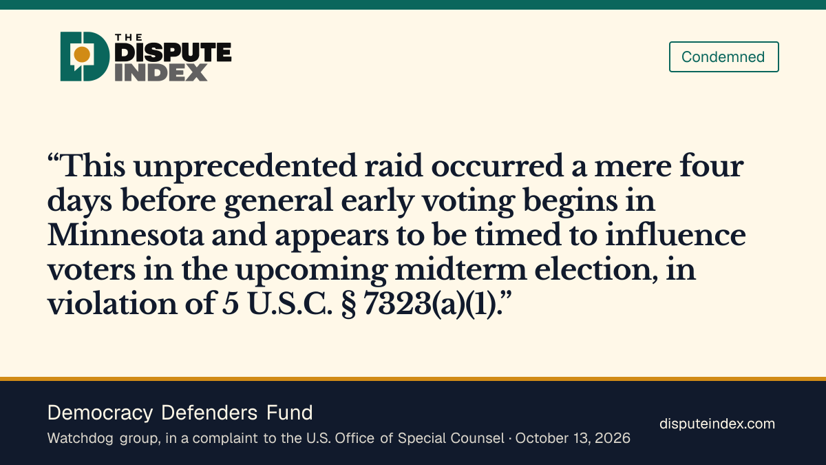 Quote card: Democracy Defenders Fund, Democracy Defenders Fund asks for a Hatch Act investigation of the search of Omar's home