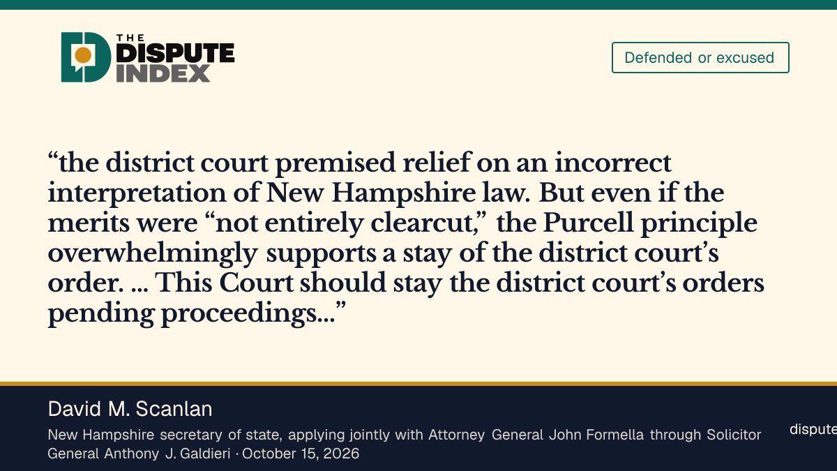Quote card: David M. Scanlan, Scanlan and Formella ask the Supreme Court to pause the student-ID injunction