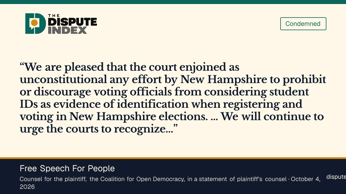 Quote card: Free Speech For People, Plaintiff's lawyers welcome the student-ID injunction and keep challenging HB 323