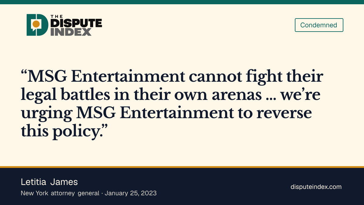 Quote card: Letitia James, James urges MSG to reverse its lawyer-exclusion policy