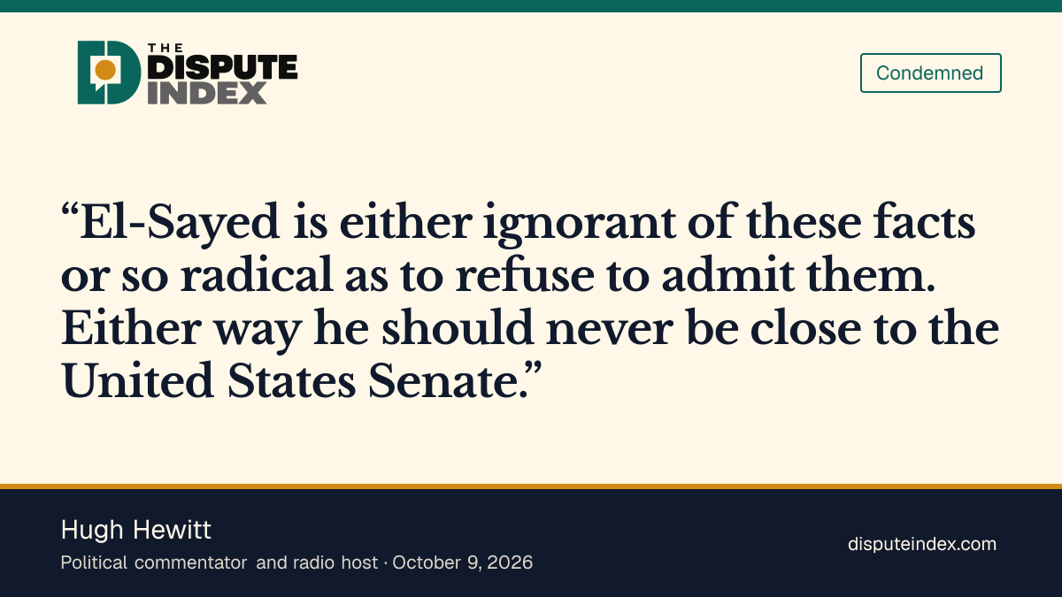 Quote card: Hugh Hewitt, Hewitt says El-Sayed's answer disqualifies him