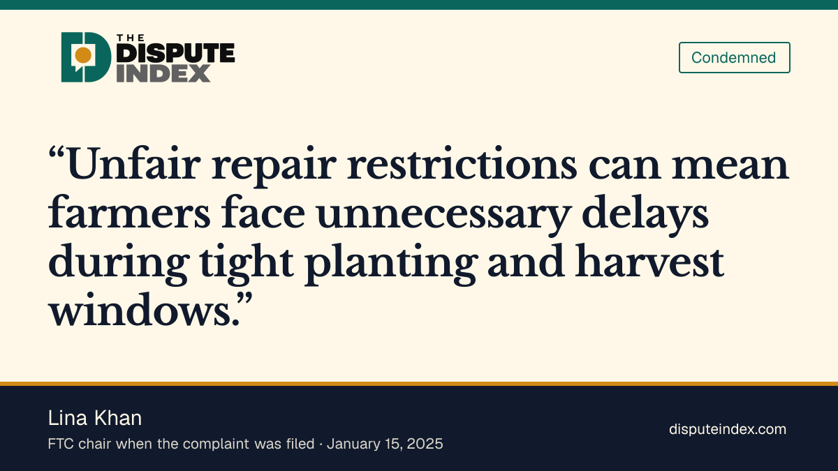 Quote card: Lina Khan, Khan says repair restrictions can delay planting and harvest repairs