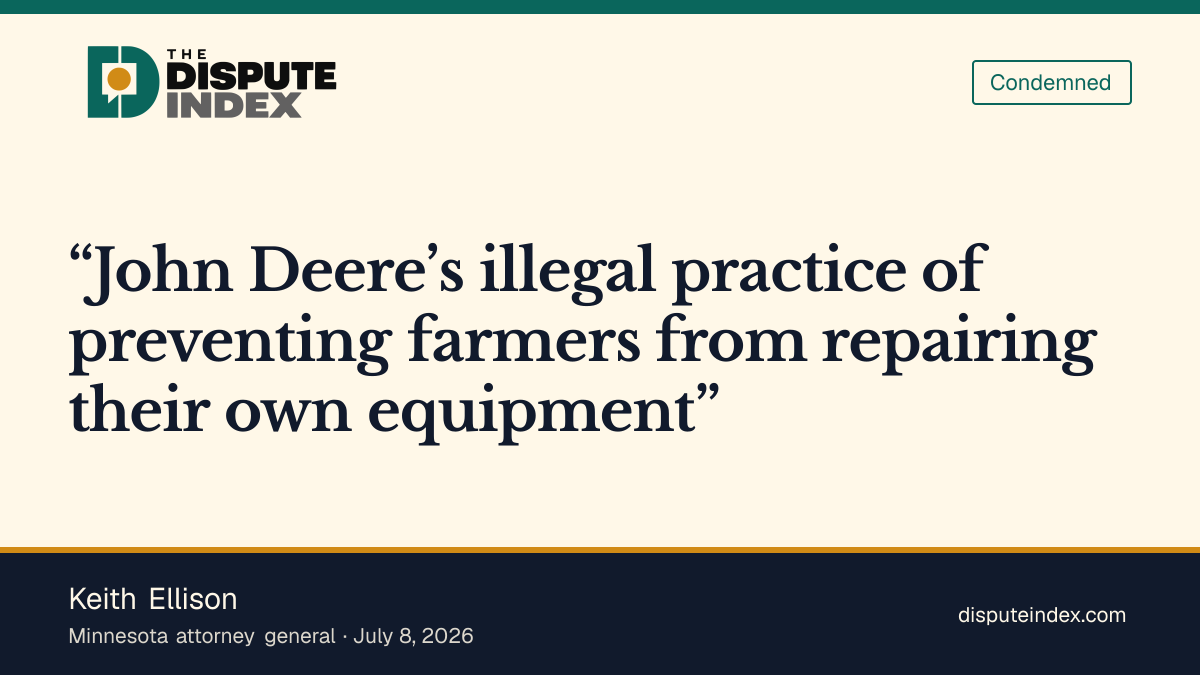 Quote card: Keith Ellison, Ellison calls Deere's repair restrictions illegal and welcomes the settlement