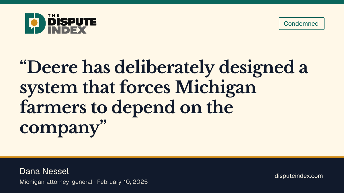 Quote card: Dana Nessel, Nessel criticizes Deere's repair-software restrictions
