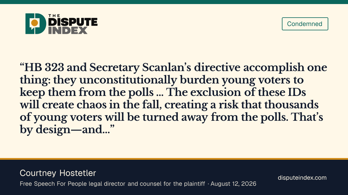 Quote card: Courtney Hostetler, Hostetler calls HB 323 and Scanlan's student-ID directive unconstitutional