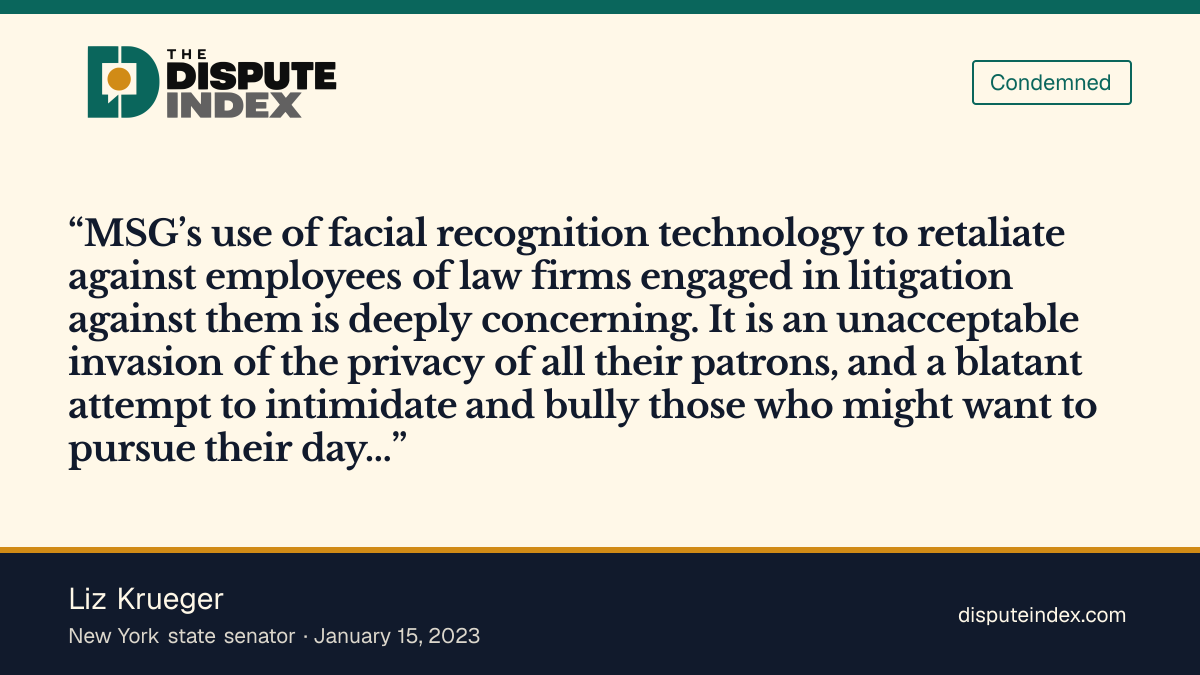 Quote card: Liz Krueger, Krueger calls the exclusions retaliation and intimidation