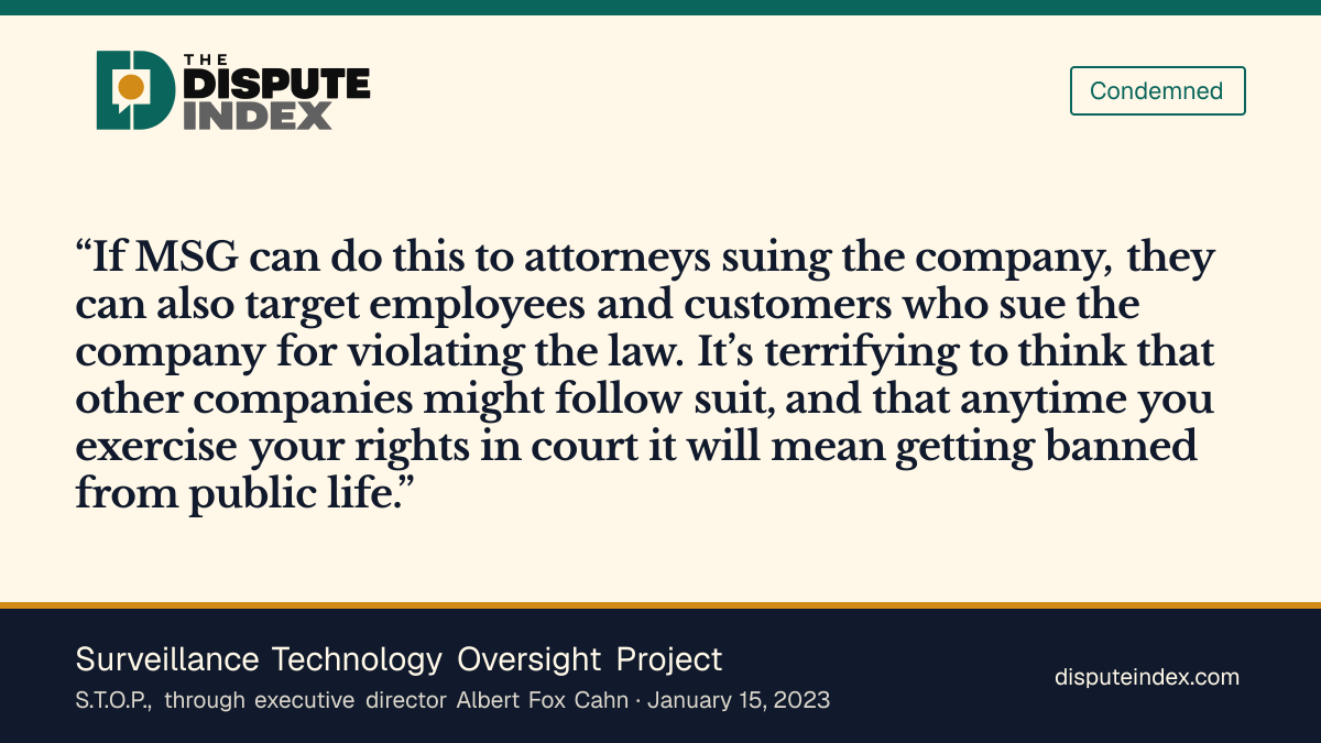 Quote card: Surveillance Technology Oversight Project, S.T.O.P. condemns MSG's use of facial recognition to exclude lawyers