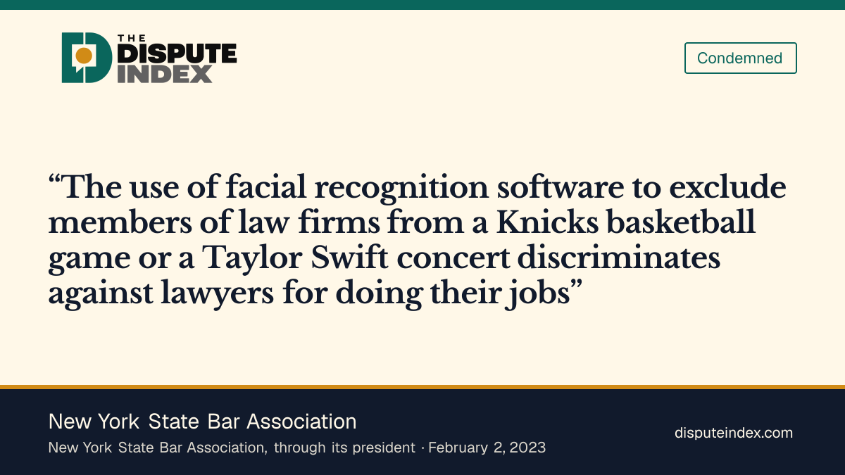 Quote card: New York State Bar Association, State Bar Association calls MSG's lawyer exclusions discriminatory