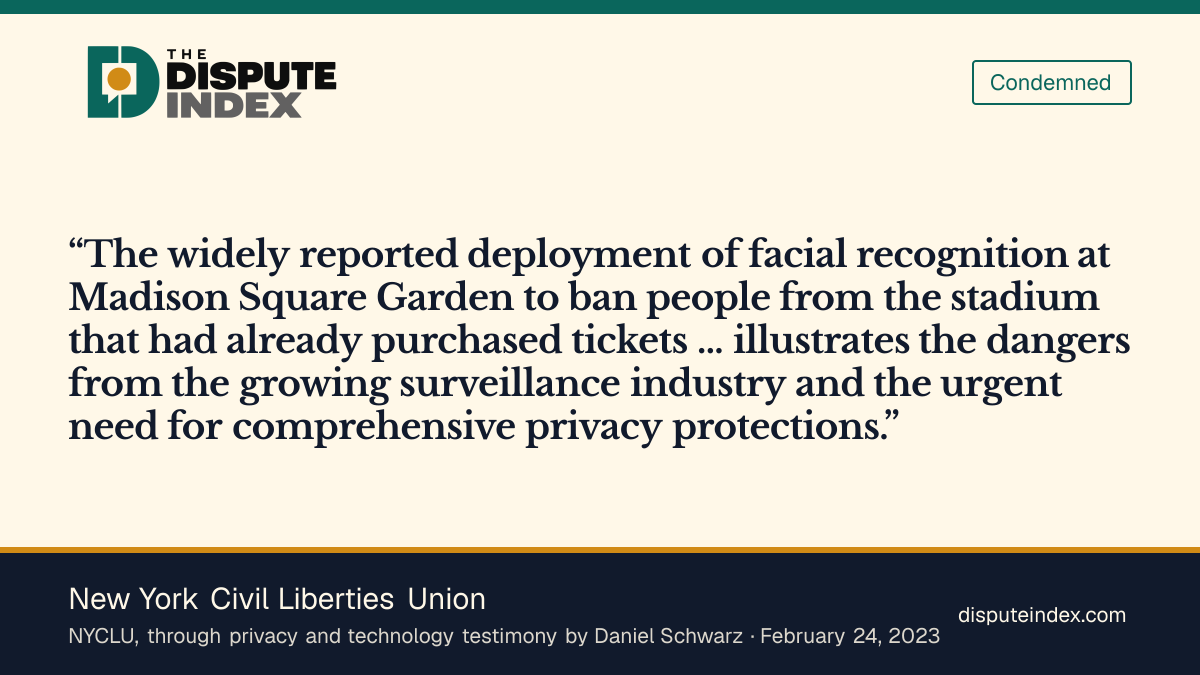 Quote card: New York Civil Liberties Union, NYCLU calls MSG's ticket-holder exclusions an example of surveillance dangers