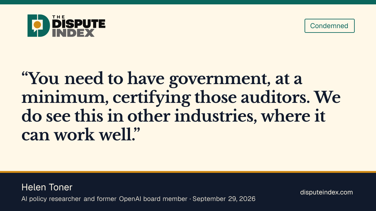 Quote card: Helen Toner, Toner calls for government-certified AI safety auditors