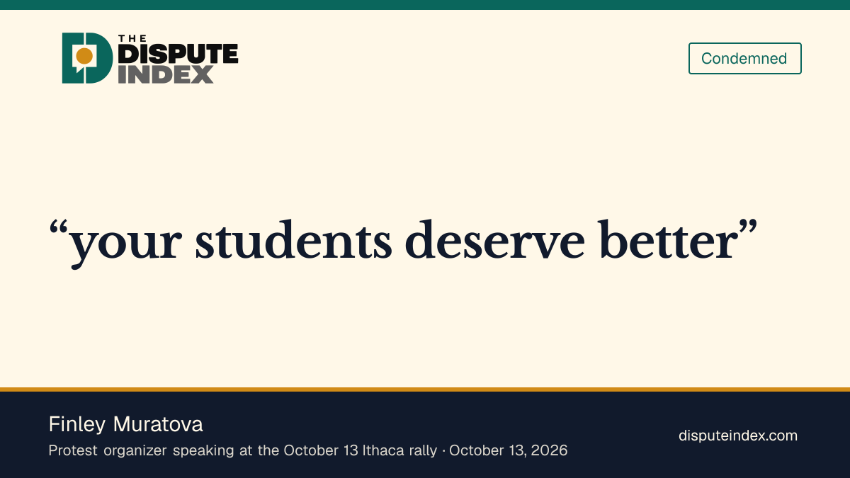 Quote card: Finley Muratova, Muratova says Cornell's response remains inadequate