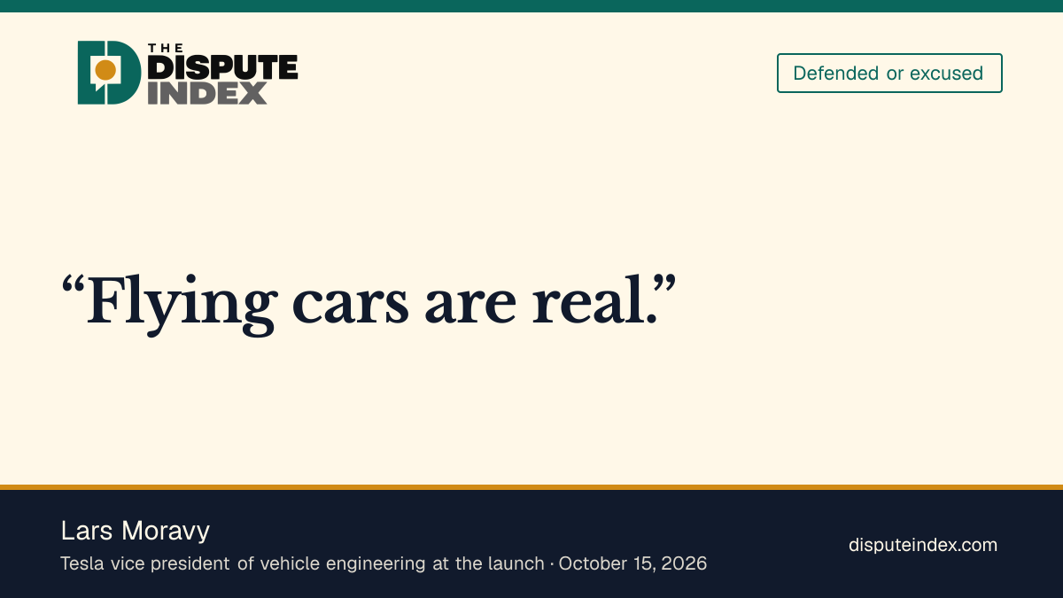 Quote card: Lars Moravy, Moravy says flying cars are real at the Roadster launch