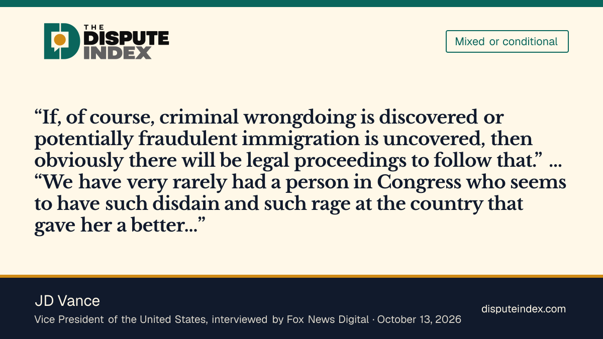 Quote card: JD Vance, Vice President Vance says "we're going to see whether she did commit a crime"