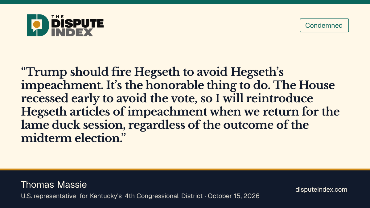 Quote card: Thomas Massie, Rep. Massie says Trump should fire Hegseth "to avoid Hegseth's impeachment"