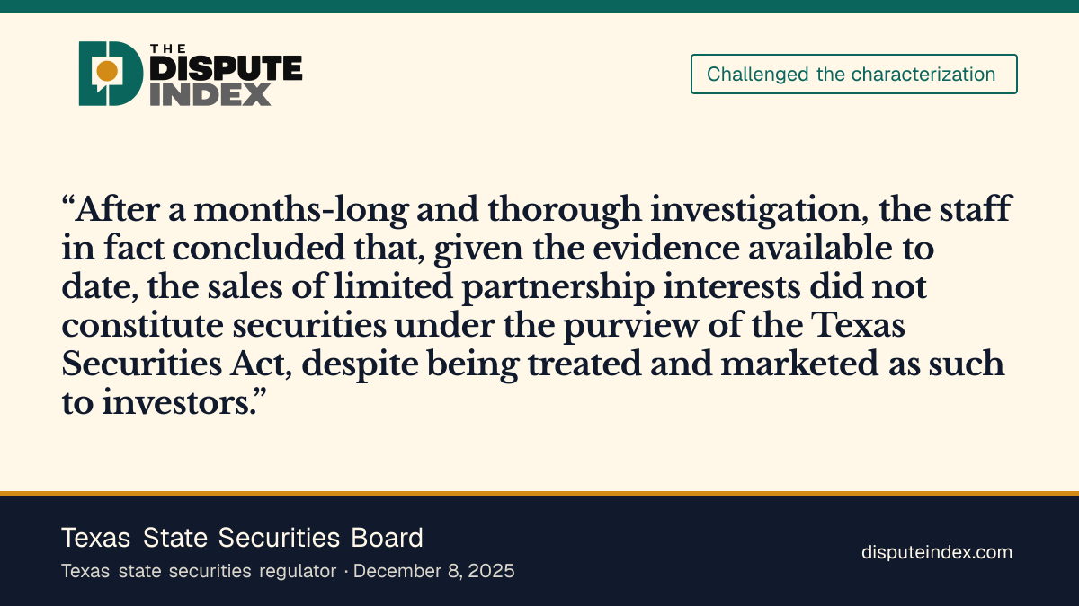 Quote card: Texas State Securities Board, State securities board says its staff found the EPIC City units were not securities