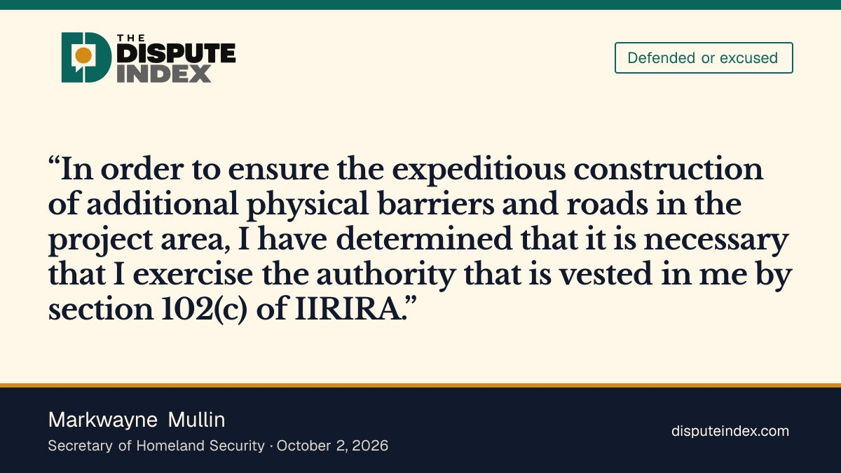 Quote card: Markwayne Mullin, Mullin says the waiver is necessary to build barriers and roads quickly