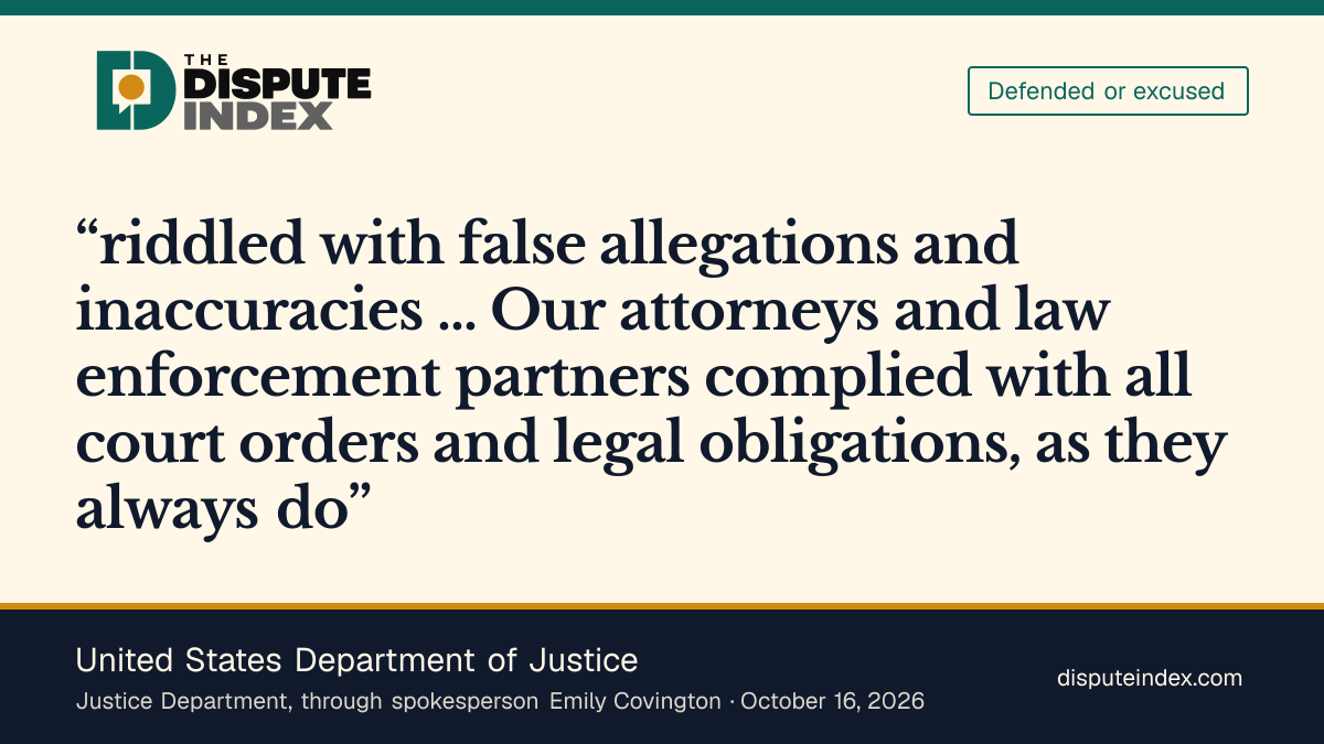 Quote card: United States Department of Justice, Justice Department calls the letter from Omar's lawyers "riddled with false allegations"