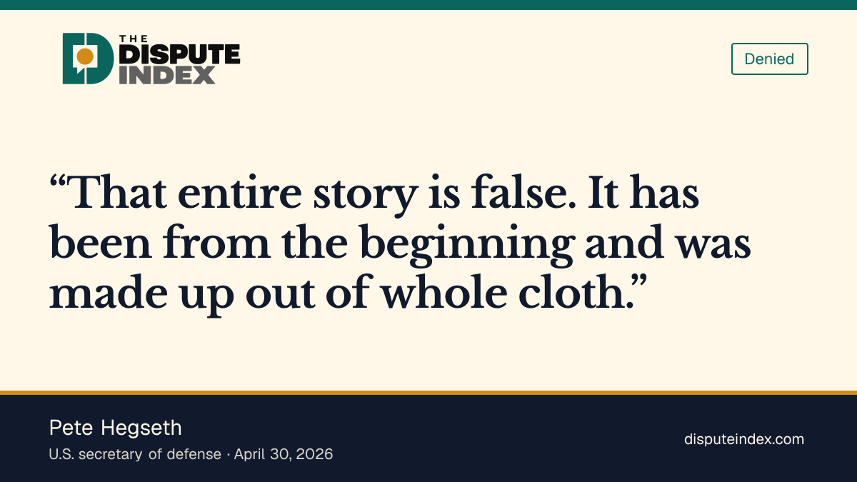 Quote card: Pete Hegseth, Hegseth tells Warren the broker story is false