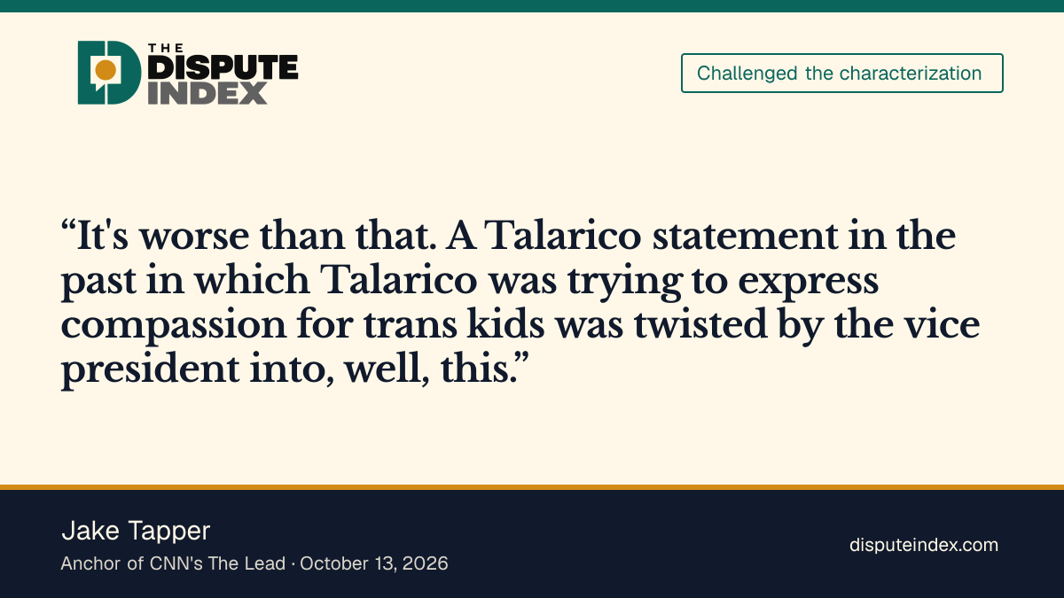 Quote card: Jake Tapper, Jake Tapper says Vance twisted Talarico's words about trans kids