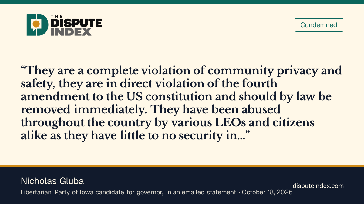 Quote card: Nicholas Gluba, Gluba says Flock and other license plate cameras violate the Fourth Amendment and should be removed