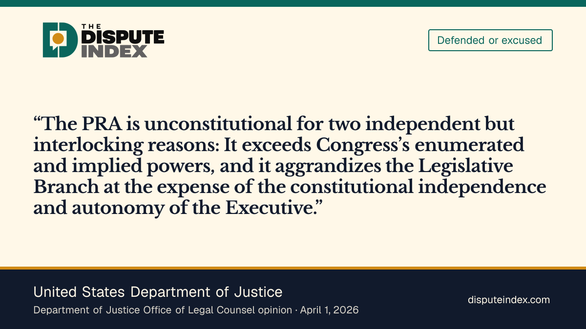 Quote card: United States Department of Justice, OLC says the Presidential Records Act is unconstitutional