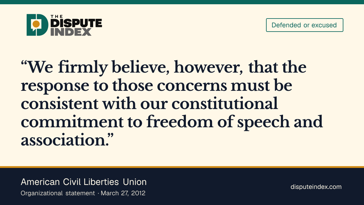 Quote card: American Civil Liberties Union, ACLU defends speech protection and proposes financing reforms