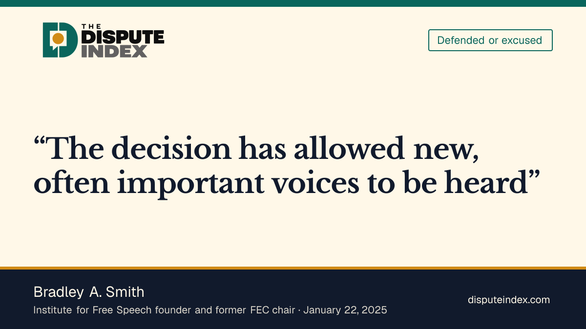 Quote card: Bradley A. Smith, Smith says Citizens United protects new political voices