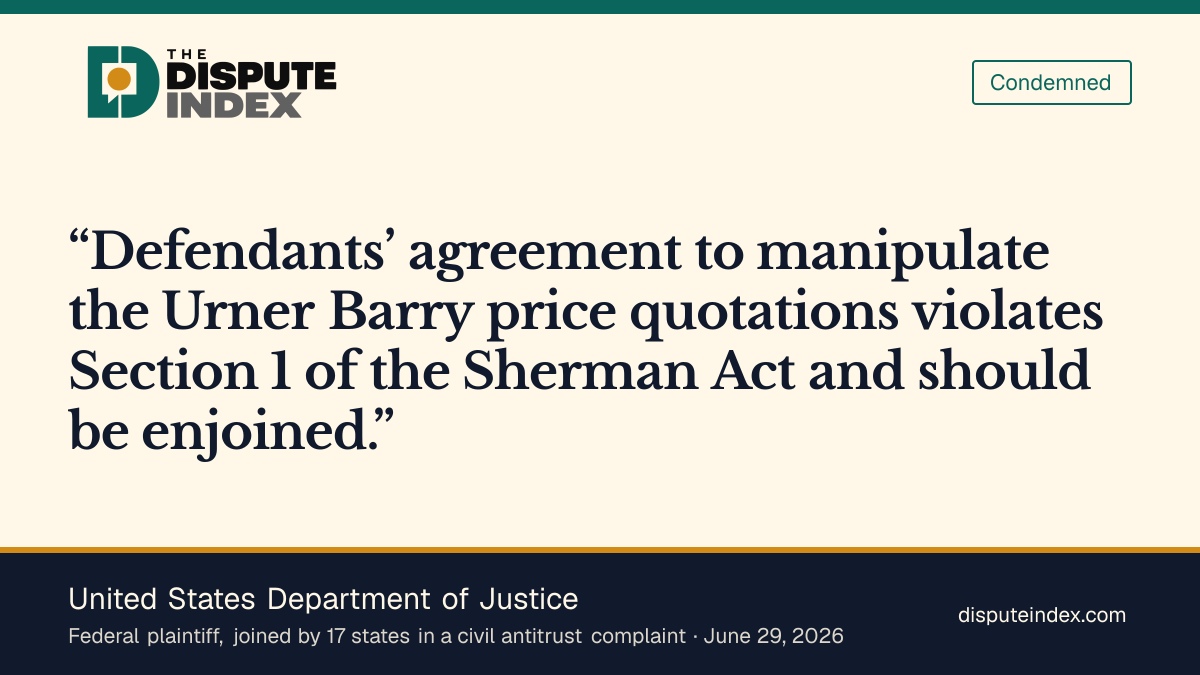 Quote card: United States Department of Justice, DOJ alleges an unlawful agreement to manipulate egg-price benchmarks