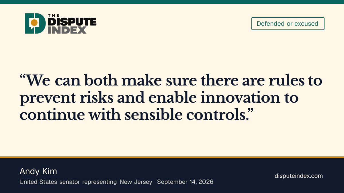 Quote card: Andy Kim, Andy Kim calls for federal AI guardrails and bipartisan legislation