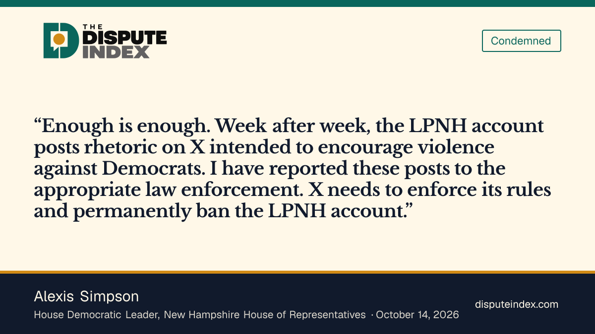 Quote card: Alexis Simpson, Simpson calls on X to permanently ban the LPNH account