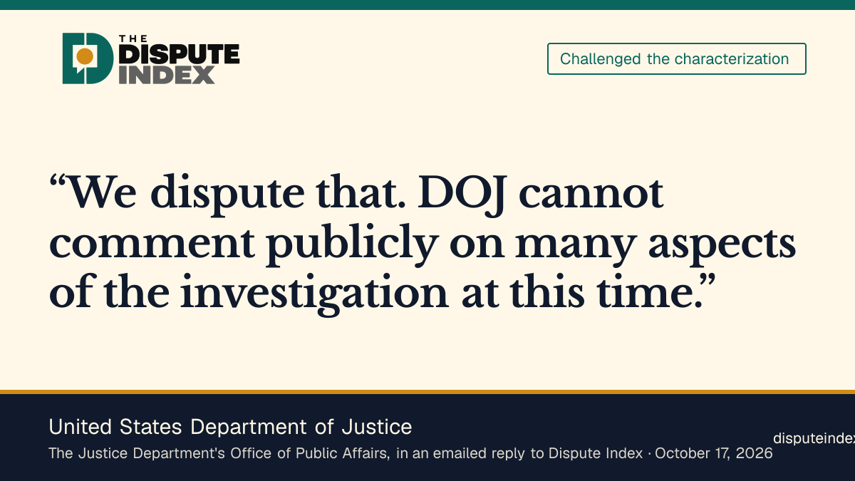 Quote card: United States Department of Justice, Justice Department disputes account that House counsel was not told of the Omar search in time