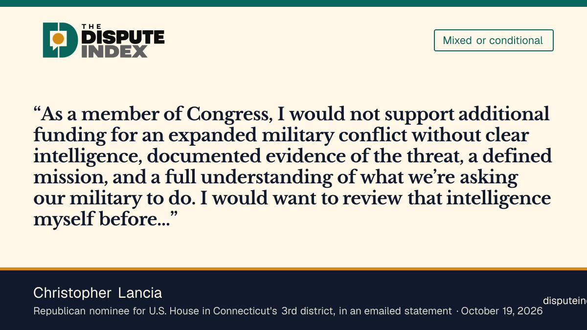 Quote card: Christopher Lancia, Christopher Lancia says he would not fund an expanded Iran conflict without clear intelligence and a defined mission