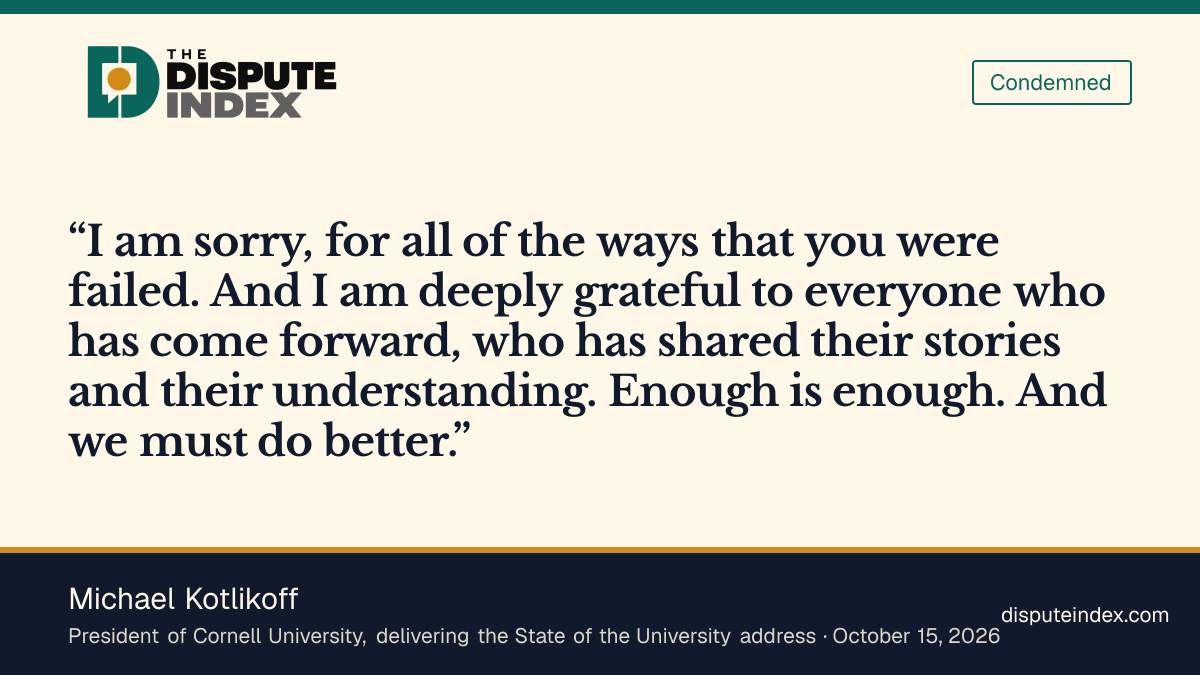 Quote card: Michael Kotlikoff, Kotlikoff apologizes to Jane Doe and says Cornell must do better