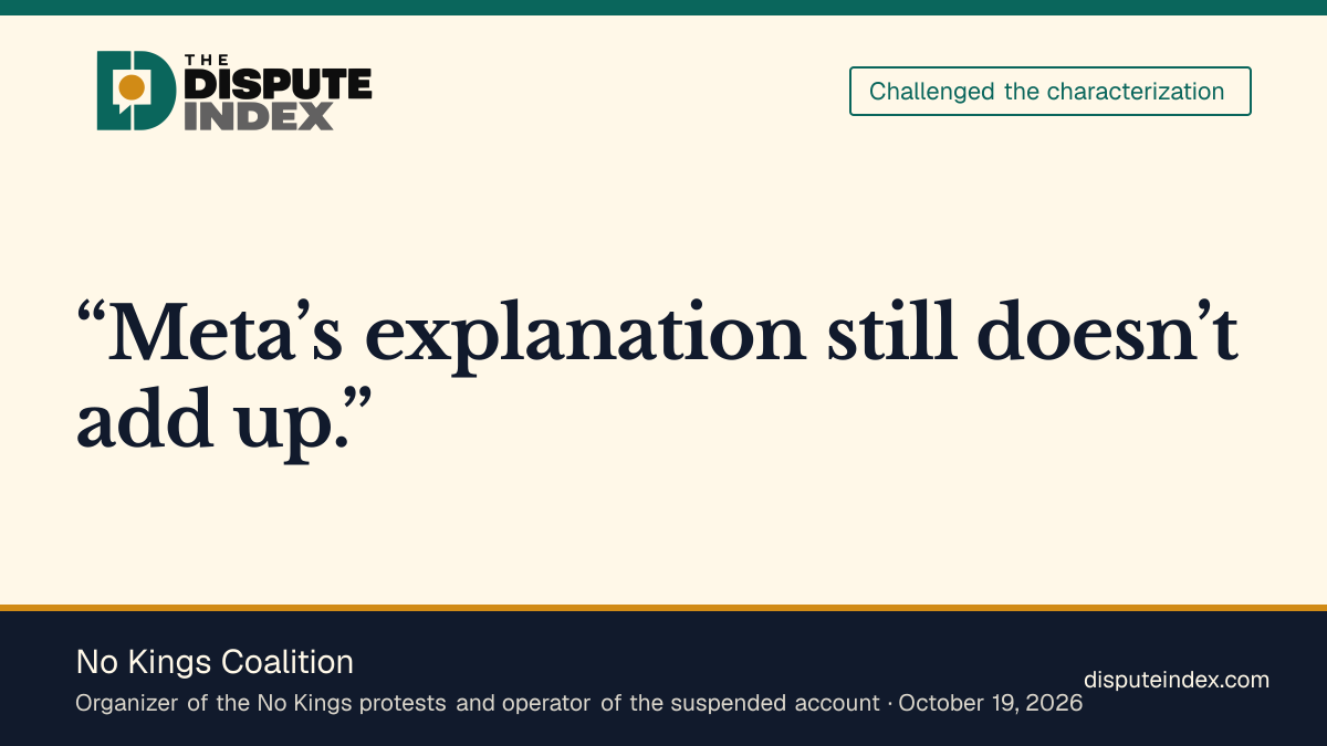Quote card: No Kings Coalition, No Kings Coalition says Meta's explanation does not add up