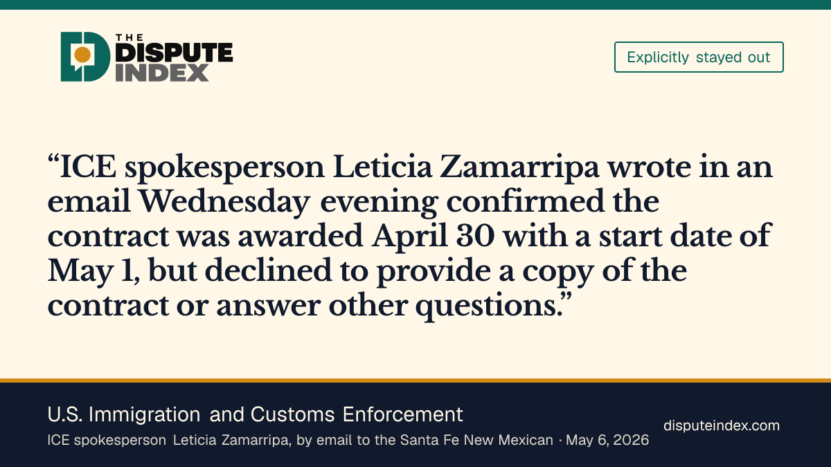 Quote card: U.S. Immigration and Customs Enforcement, ICE confirms the CoreCivic contract but declines to release it