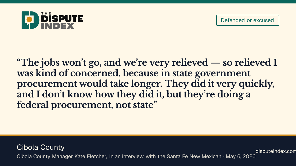 Quote card: Cibola County, Cibola County manager says the county is relieved by ICE's direct contract with CoreCivic
