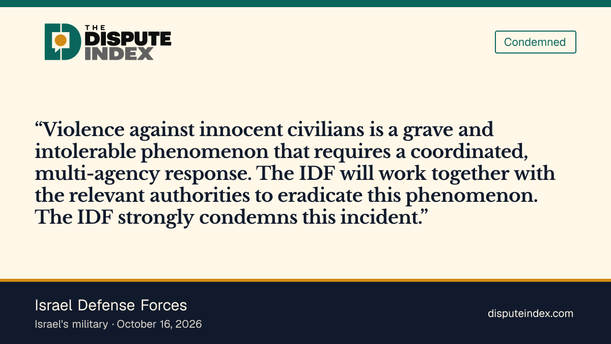 Quote card: Israel Defense Forces, Israeli military strongly condemns the incident near Khirbet Abu Falah