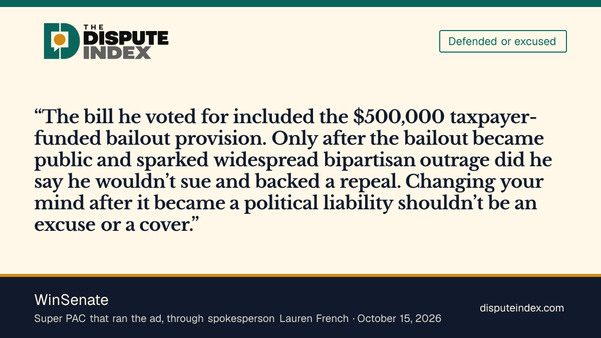 Quote card: WinSenate, WinSenate says Sullivan's later pledge not to sue does not excuse his vote for the payout provision
